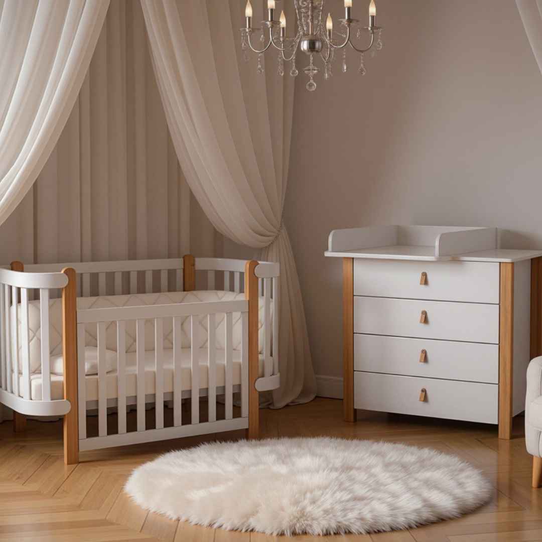 Sada. Dětská postýlka Zukko 120x60 s matrací, komodou a přebalovacím pultem. Bílá/Přírodní.